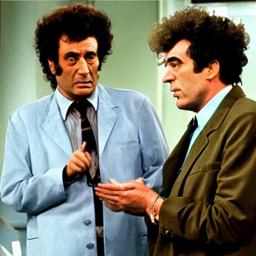 Prompt: columbo and cosmo kramer discussing the finer things of life