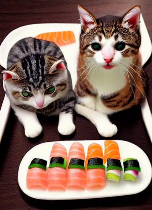 Prompt: clear photorealistic picture of adorable cats made out of sushi