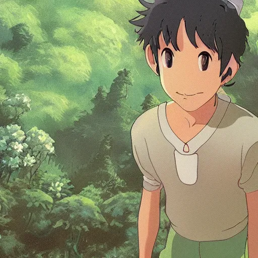 Prompt: friendly guy and small creature in the studio ghibli movie art smooth 8k highly detailed, detailed face, beautiful scene, forest, fantasy, details, anime,