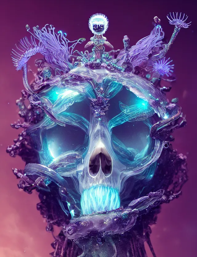 Image similar to goddess macro close - up portrait wigh crown made of ram skull. betta fish, jellyfish phoenix, bioluminiscent, plasma, ice, water, wind, creature, super intricate ornaments artwork by tooth wu and wlop and beeple and greg rutkowski