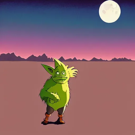 Prompt: a study of cell shaded cartoon of a goblin from howl's moving castle ( 2 0 0 4 ) on a desert road, in front of a big moon, full body, wide shot, very muted colors, post grunge, studio ghibli, laurie greasley, highly detailed, deviantart, art by artgem