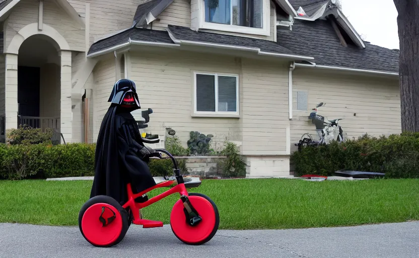 Prompt: Darth riding his tricycle in front of his home, 8k