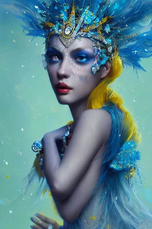Prompt: beautiful princess with face covered with blue jewels wearing ice feathers, diamonds, angel, fantasy, yellow background beam, dramatic lighting, highly detailed, digital painting, magic the gathering, 3 d render, hyper realistic detailed portrait, peter mohrbacher, wlop, ruan jia