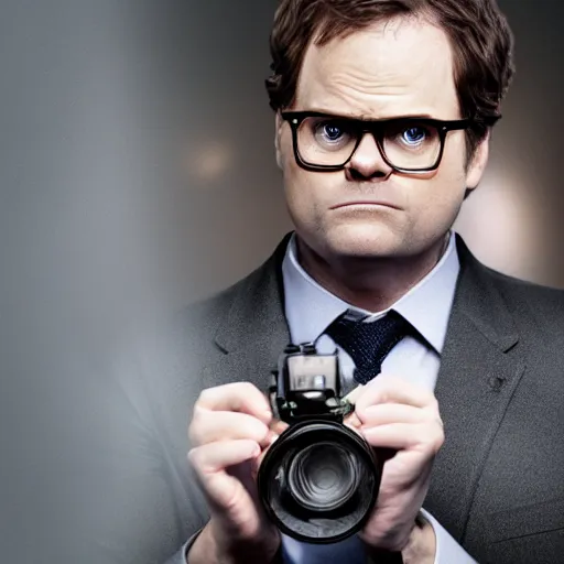 Prompt: rainn wilson as michael scott, splash art, movie still, cinematic lighting, ray tracing, detailed face, octane render, long lens, shallow depth of field, bokeh, anamorphic lens flare, 8 k, hyper detailed, 3 5 mm film grain