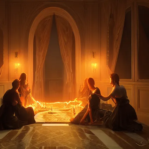 Image similar to Séance but everybody is a ghost, elegant, Hyper-realistic, 4K, Unreal Engine, Highly Detailed, HD, Dramatic Lighting by Brom, golden hour, trending on Artstation