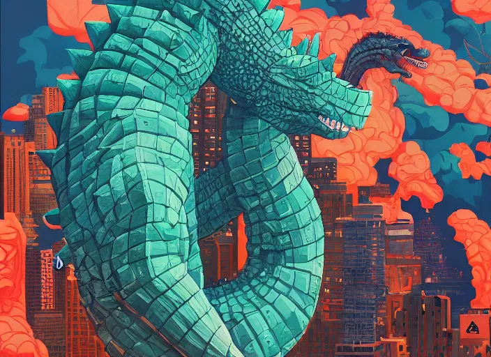 Image similar to godzilla vs. gumby painting, tristan eaton, victo ngai, artgerm, rhads, ross draws