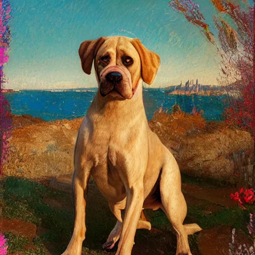 Prompt: summer hyperrealistic photorealistic land crystal boxer dog zinc burgundy baluster, by sandro botticelli and odilon redon and greg rutkowski, 8 k, storybook illustration, impressionism