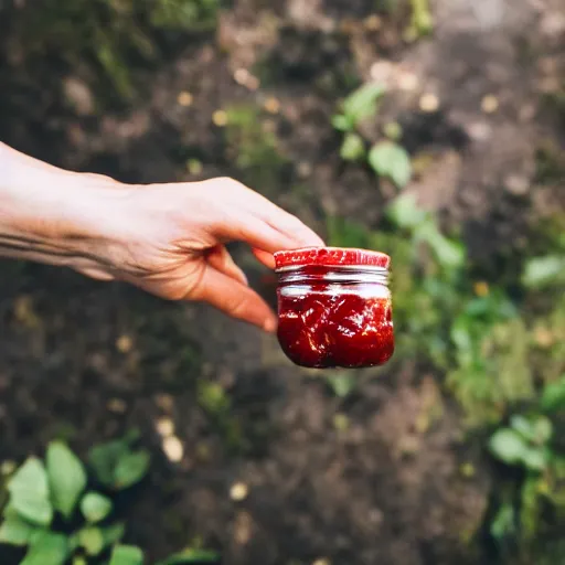 Image similar to Small people trying to escape a jar of strawberry jam, high definition photography, 8k