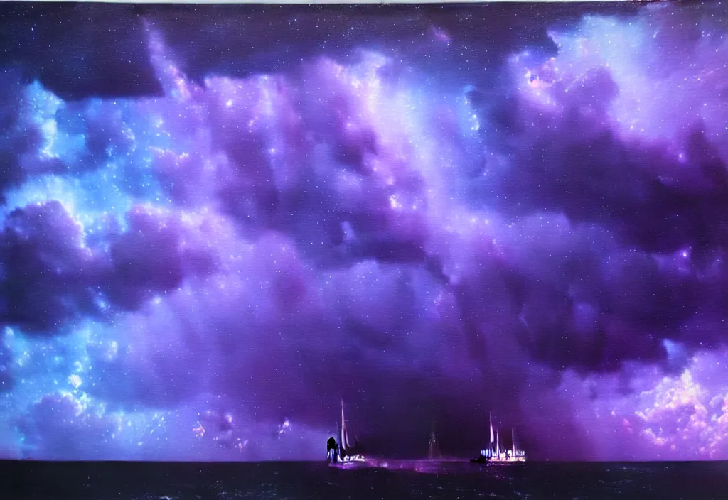 Prompt: purple color lighting storm with stormy sea close up of a pirate ship firing its cannons trippy nebula sky with dramatic clouds painting by Richard Prince Photorealism