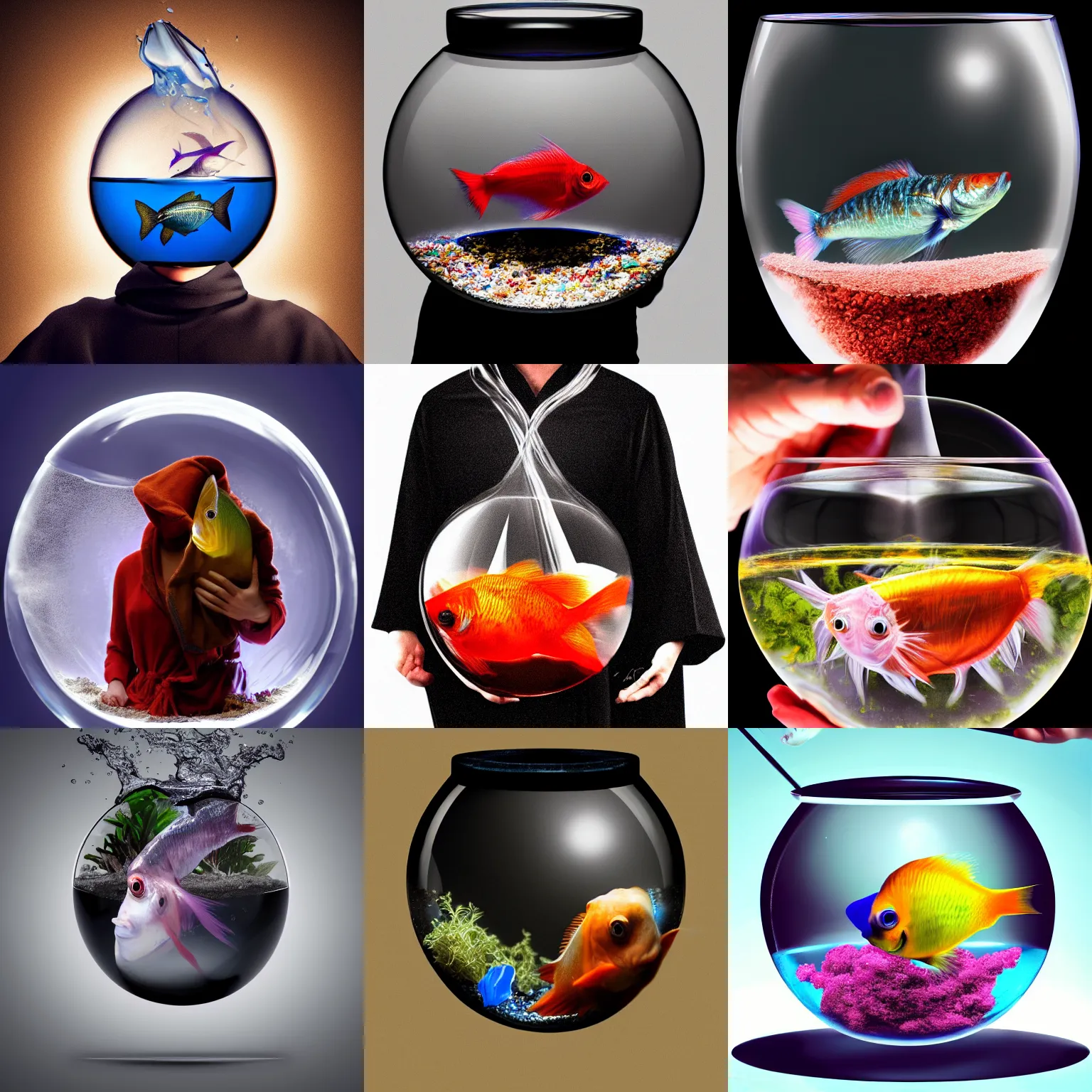 Prompt: beta fish in a fish bowl being held by a person in a dark robe photo, hyper realistic, trending on artstation