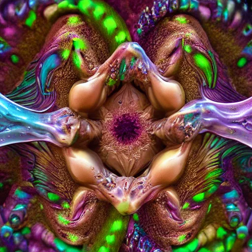 Image similar to closeup of beautiful multiracial human bodies intertwined, bodies blooming, 3 d fractals, mandelbulb, dripping wet, skin, macro photography, anamorphic bokeh, long exposure, highly detailed, hyperrealism, cinematic