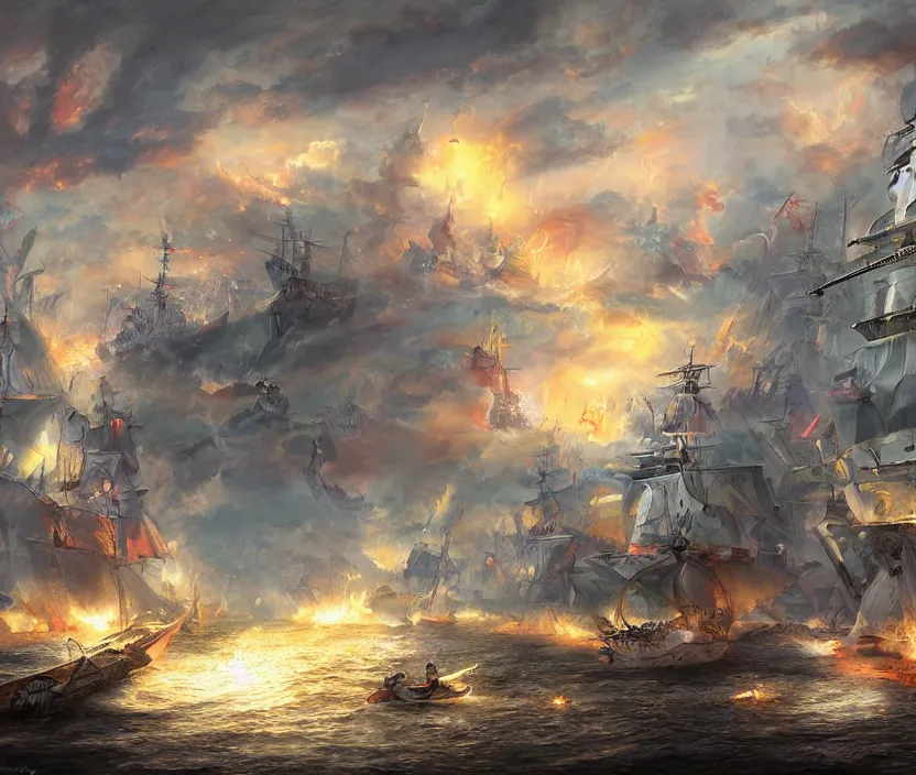 Image similar to naval epic battle, fantasy concept art, colorful digital painting, highly detailed