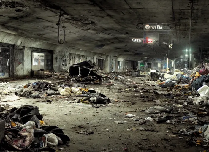 Prompt: dark, dirty, underground metro, abandoned, creepy, piles of trash and junk, low brightness, cinematic lighting, no power