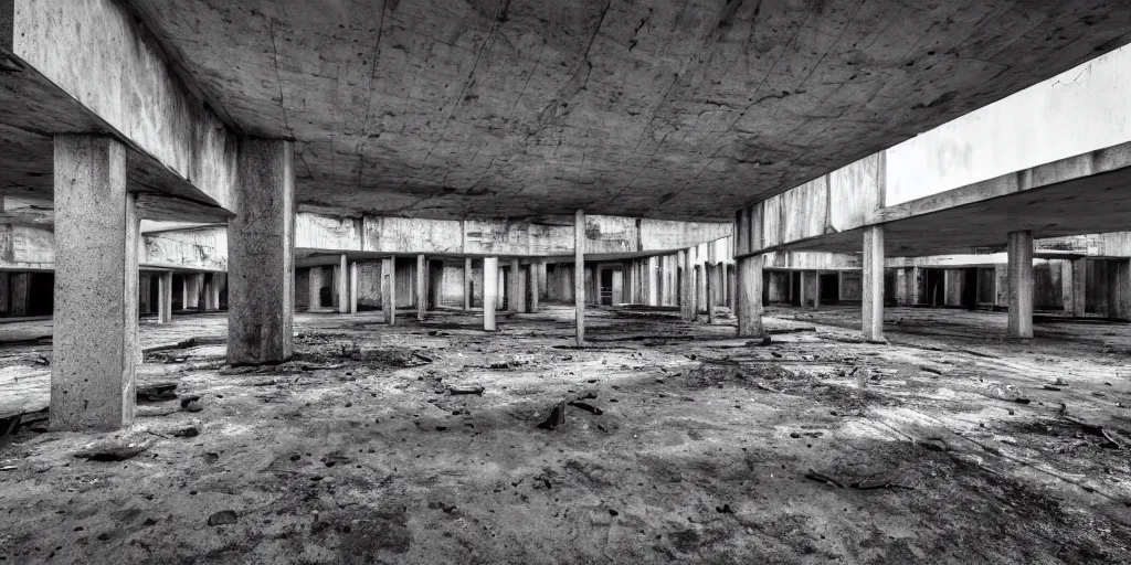 Prompt: black and white photograph of an abandoned city, brutalist architecture, high quality camera photography