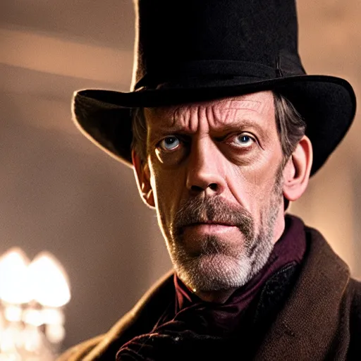 Image similar to Hugh Laurie as Sherlock Holmes, movie still frame, cinematic lighting