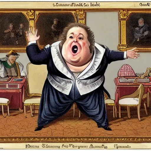 Prompt: childish fat politician with big stomch is eating souls of tiny peoples in baroque style