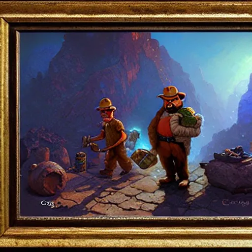 Prompt: pepe the miner with crystals, craig mullins, thomas kinkade