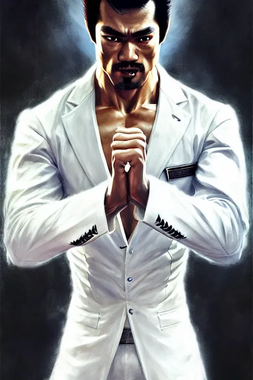 Image similar to gigachad luigi fighting like bruce lee in a white suit, fantasy character portrait, ultra realistic, full body concept art, intricate details, highly detailed by greg rutkowski, ilya kuvshinov, gaston bussiere, craig mullins, simon bisley