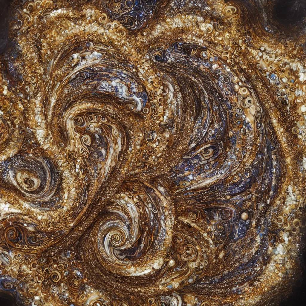 Image similar to fractured galaxy spiral seashells, cyclone seahorse ivory sculpture, detailed fractal patterns, macrophotography, ochre and umber powders, encrusted with dark opals and gold, hyper realistic intricate and complex, fine art photography, trending