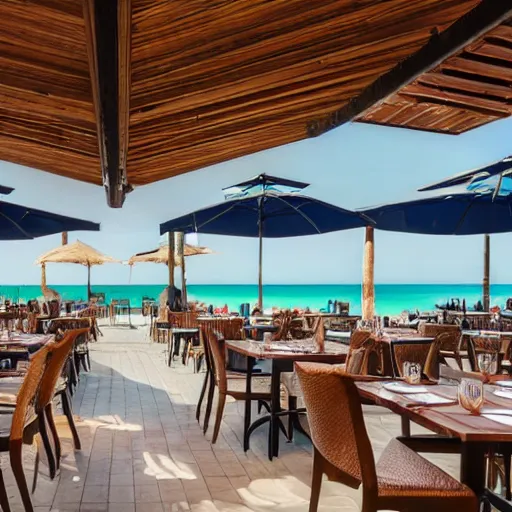 Image similar to an interior view of a complex outdoor restaurant leading to a view of the beach