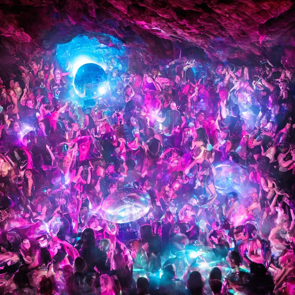 Image similar to cinematic shot of a goth disco nightclub in a cave, sphere made of holographic knives!!! with pink lasers and blue crystals, brutal weapon iconography!!! goth people dancing, 8 k photograph