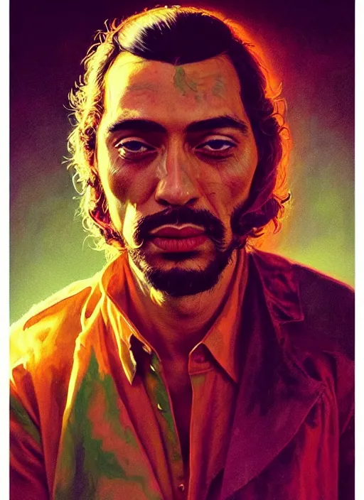 Prompt: a detailed painted portrait of an 7 0's era psychedelic rock musician by artist hadi karimi, wlop, artgerm, greg rutkowski, slightly happy facial expression, dramatic lowkey studio lighting, accurate skin textures, hyperrealism, aesthetically pleasing and harmonious vintage colors