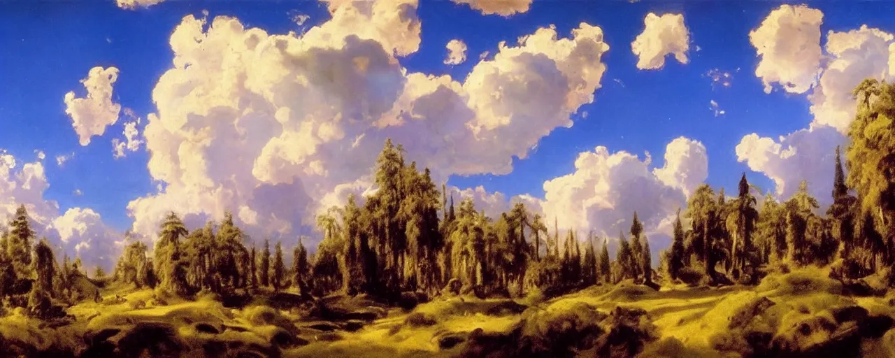 Prompt: disney illustrated background of blue sky huge clouds by eugene von guerard, ivan shishkin, john singer sargent