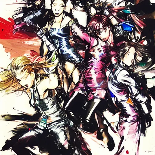 Prompt: 🌹⚡🌈 girls fighting, yoji shinkawa