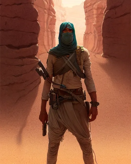 Image similar to male desert stalker, lonely rider, covered head | | realistic shaded, fine details, realistic shaded lighting poster by greg rutkowski, diego gisbert llorens, magali villeneuve, artgerm, jeremy lipkin and rob rey