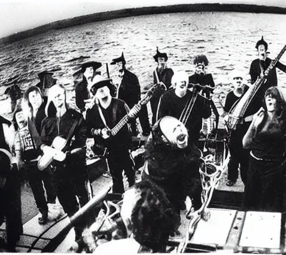 Prompt: a photo of a metal band playing on titanic while it sinks.