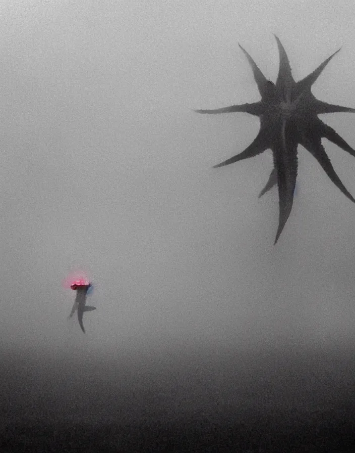 Prompt: very low - resolution found footage of a kaiju starfish - pulgasari - monster, fog, foggy, korean film noir, monochrome, red hue, thriller, underdeveloped, epic, dramatic