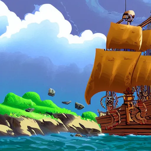 Image similar to a pirate ship near a skull shaped island, by Bill Tiller, monkey island game, game concept art, colorful