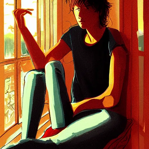 Image similar to portrait of an alternative teen in loose clothes sitting next to a window reading a book, focused expression, golden hour, professional illustration, art by Kenne Gregoire, trending on artstation