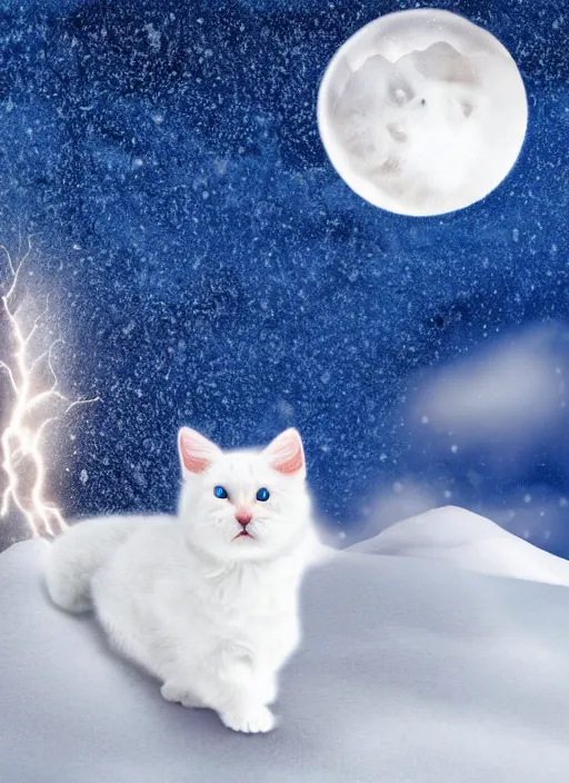 Image similar to giant little baby white cat on a snowy mountain with lightning coming out of its paws, blue sky background with moon