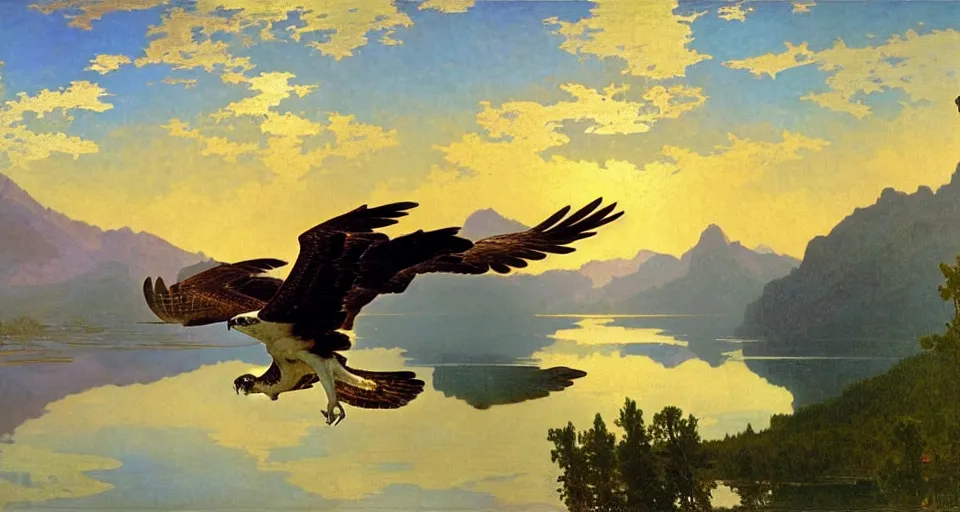 Image similar to an osprey in flight over a spectacular mountain lake at golden hour. art nouveau. surrealism. by albert bierstadt, alphonse mucha and julie dillon.