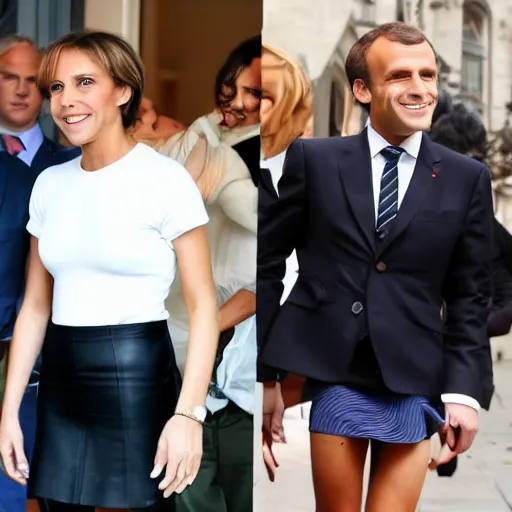 Image similar to Emanuel Macron wearing a mini skirt and a tight top. Heavy make up