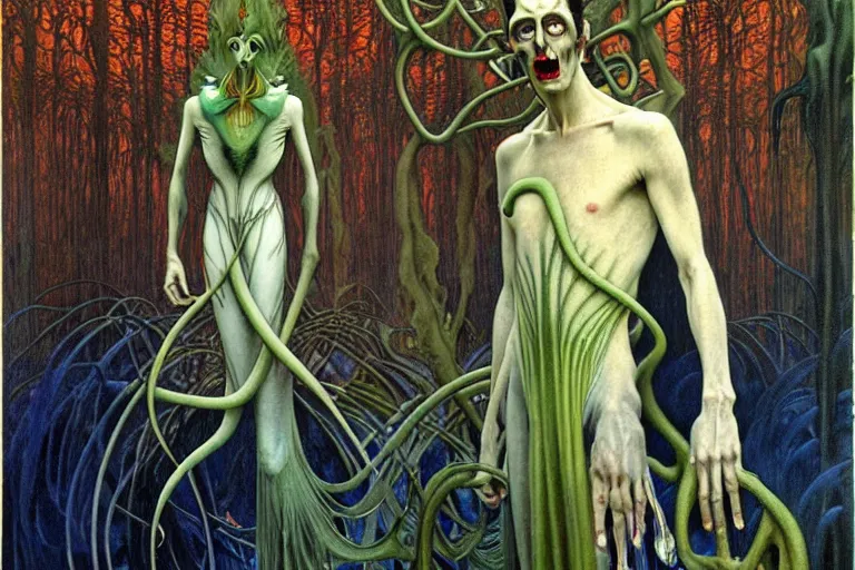 Image similar to realistic extremely detailed portrait painting of an elegantly creepy vampire man dressed as dracula, futuristic sci-fi forest on background by Jean Delville, Amano, Yves Tanguy, Alphonse Mucha, Ernst Haeckel, Edward Robert Hughes, Roger Dean, rich moody colours, blue eyes