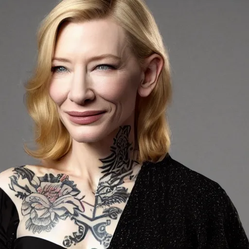 Prompt: high resolution image of cate blanchett with full body japanese tattoo , highly detailed, photorealistic, 4k