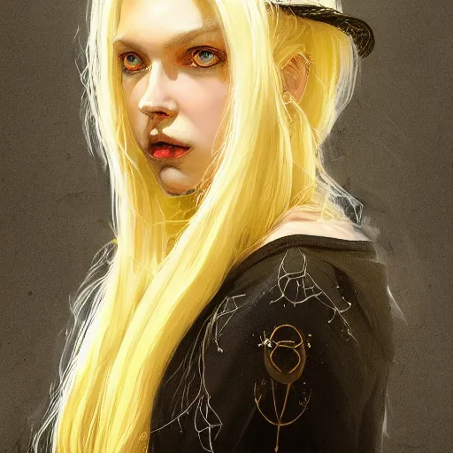 Prompt: portrait of a young witch with blonde hair with single braid and golden yellow eyes, wearing black vest and skirt, white waist apron and undershirt, and pointed black witch hat, thoma greg rutkowski michael whelan nekro illustrated art by ashley wood, detailed painting, shimmer oil on canvas artstation