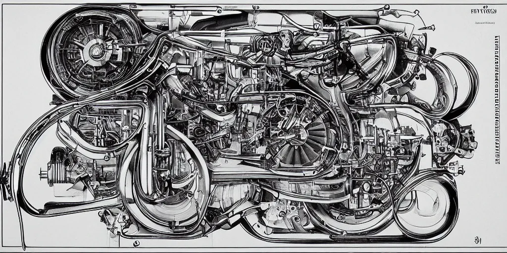 Prompt: f1 engine cutaway scientific illustration by Ernst Haekel highly detailed by jean giraud moebius engineering black and white chrome
