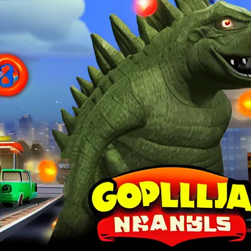 Image similar to Godzilla as a playable character in Subway Surfers, in-game screenshot