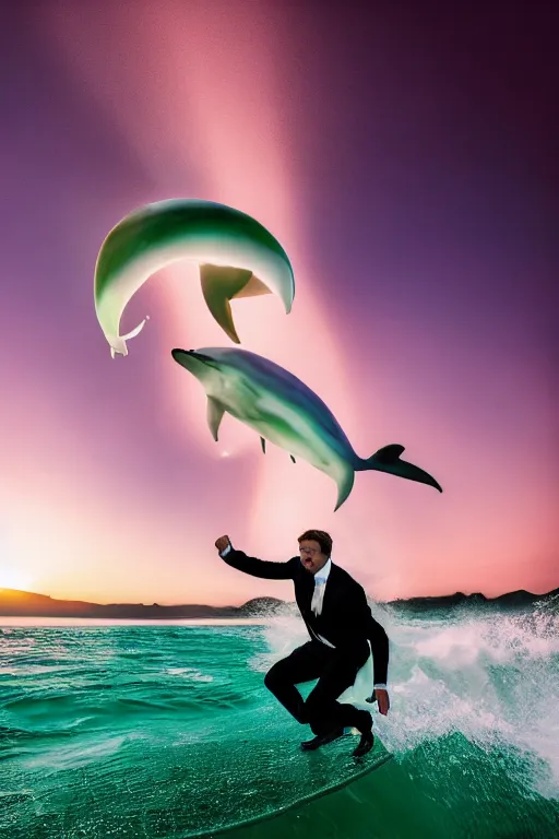 Prompt: white man in black suit surfs in office, sunset, aurora, dslr, insane details, flying dolphins, hyper reallistic, 8 k,, ultra clear detail, hdr, textured, award winning, professional photography