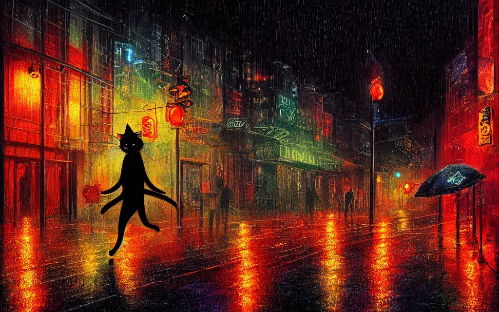 Image similar to black cat running through heavy rain in an emprty neon lit street at night by wlop, ultra detailed color art, high detail, digital art