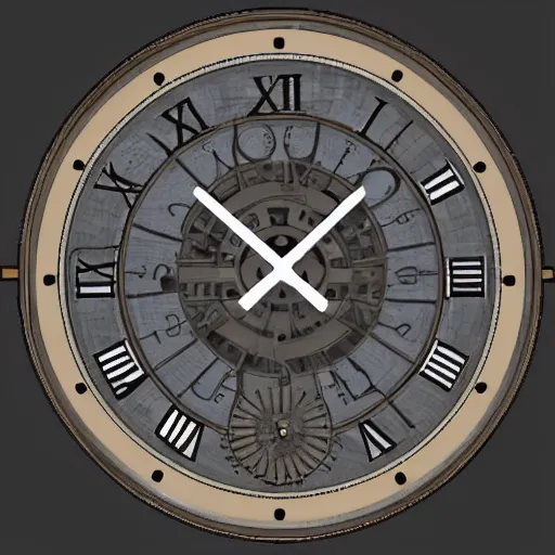 Prompt: a rendering of a clock with 2 4 hours hands and no hours on the clock face