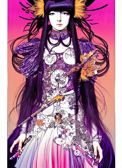 Image similar to highly detailed terada katsuya artstation manga poster of cat girl mechine, rainbow gradient reflection, ayami kojima, long hair, armor, dress, laces, ruffles, 8 k, maximalist, takato yamamoto, alphonse mucha