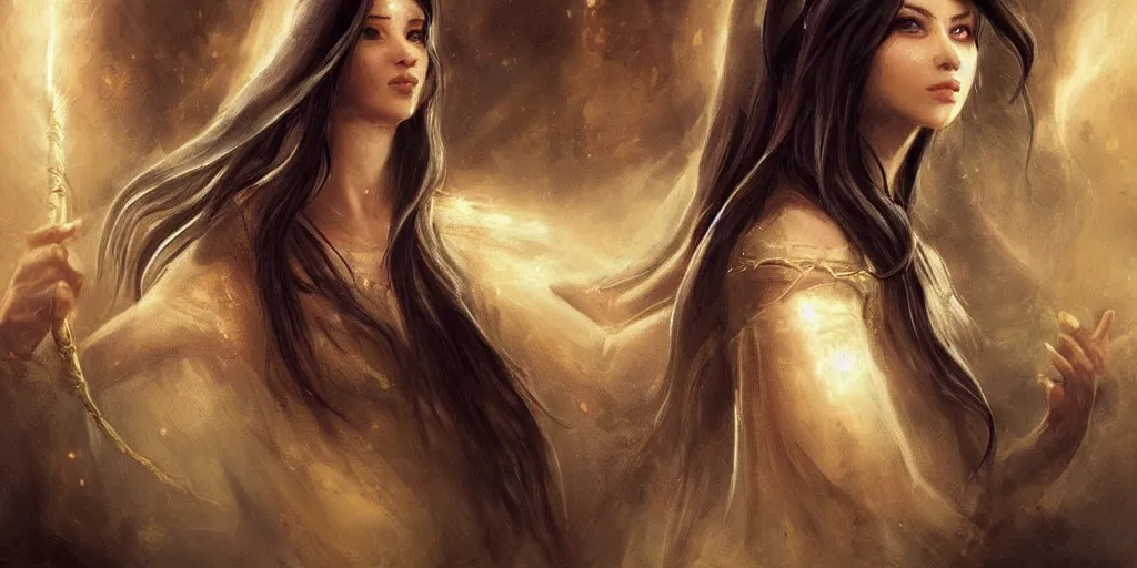 Prompt: a young priestess with long black hair weavering golden string of magic, barroque painting, ultra realistic. cinematic, dynamic. magic the gathering style. epic fantasy