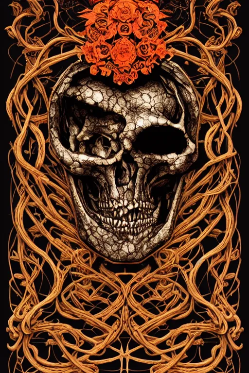 Image similar to Full Human Skeleton wrapped in vines + black paper + elements + red + gold + neon + baroque + rococo + white + orange+ ink + tarot card with ornate border frame + marc Simonetti, paul pope, peter mohrbacher, detailed, intricate ink illustration, global illumination, 8k resolution, face, short leg, long torso, low shoulder, long arm, asymmetric face, muted colors, occult symbols hidden, on old amber paper, RPG portrait, dynamic lighting