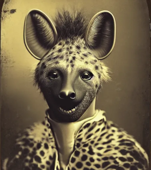 Image similar to professional studio photo portrait of anthro anthropomorphic spotted hyena head animal person fursona smug smiling wearing elaborate pompous royal king robes clothes degraded medium by Louis Daguerre daguerreotype tintype