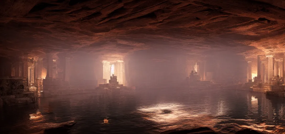 Image similar to dramatic photo of underground aztec interior, ambient occlusion, glowing pool of water, ancient goden statues, raytracing, unreal engine, dramatic lighting, detailed,, global illumination, god rays, 3 d artstation by greg rutowski and jessica rossier