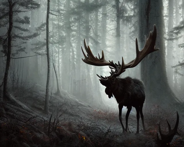 Image similar to 5 5 mm portrait photo of an armored demonic undead rotting moose with red eyes antlers and looking at the camera, in a magical forest. magical atmosphere. art by greg rutkowski and luis royo. highly detailed 8 k. intricate. lifelike. soft light. nikon d 8 5 0.